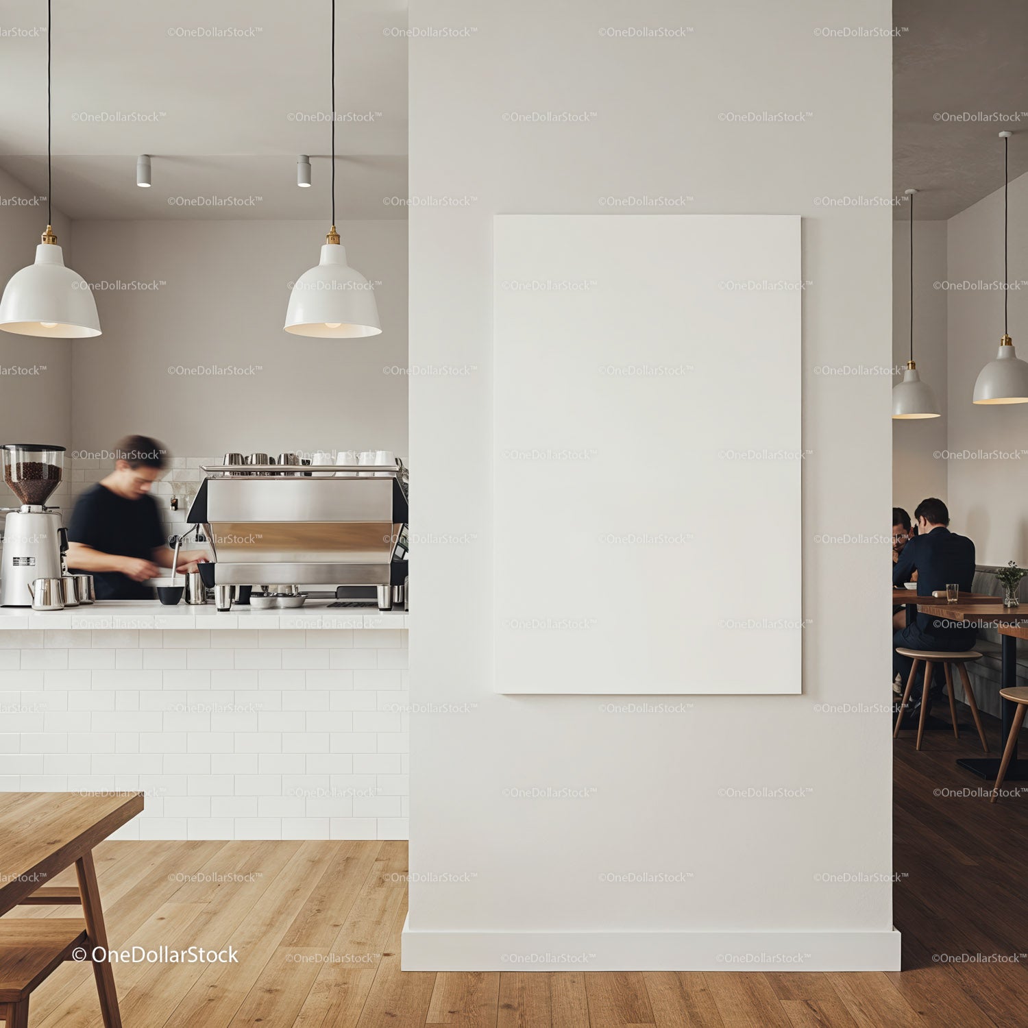 Minimalist coffee shop interior with blank wall canvas
