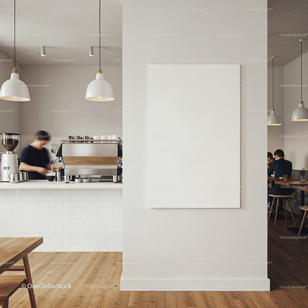 Minimalist coffee shop interior with blank wall canvas JPG Mockup Image