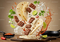 Flying steak tacos with fresh herbs and lime wedges