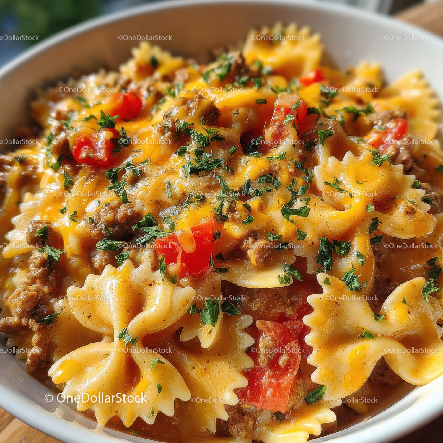 Close-Up of Cheesy Pasta with Ground Beef and Tomato Garnish