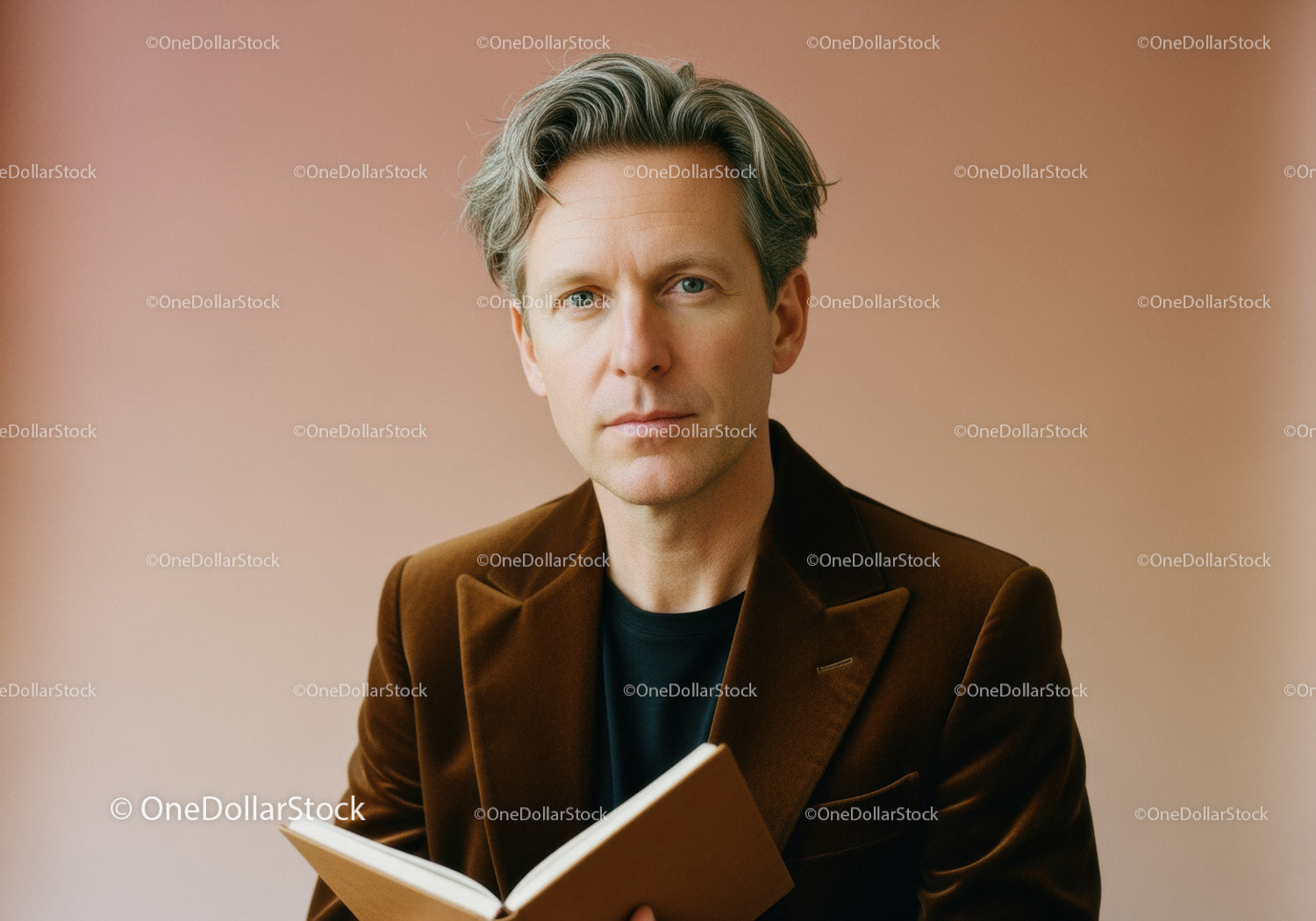 Confident Mature Man Reading Book in Stylish Indoor Setting