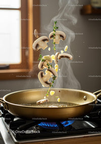 Fresh mushrooms and herbs sizzling in frying pan