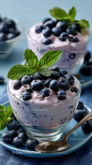 Blueberry Yogurt Parfait with Mint on Blue Background