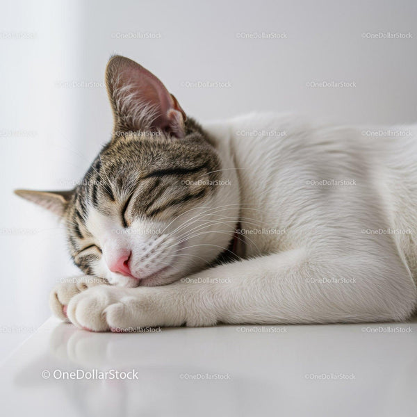 Peaceful tabby cat sleeping comfortably indoors