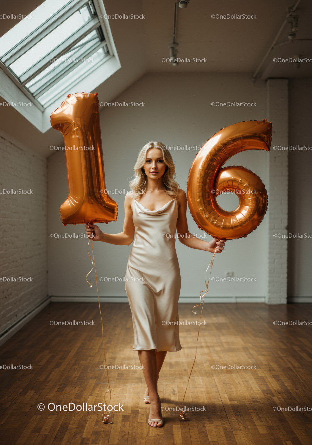 Młoda kobieta świętująca 16. urodziny ze złotymi balonami
