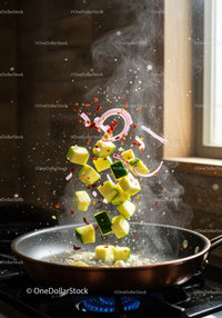 Fresh vegetables sizzling in a hot frying pan