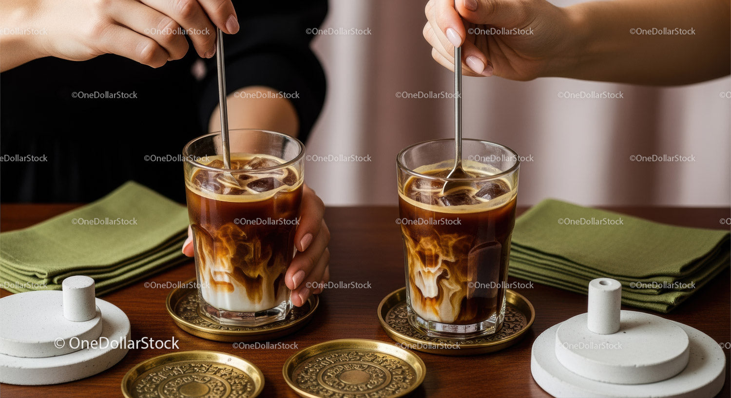 Iced Coffee Drinks with Marbled Effect and Stirring Straws