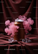 Cold Drink Can Surrounded by Pink Smoke and Ice Cubes