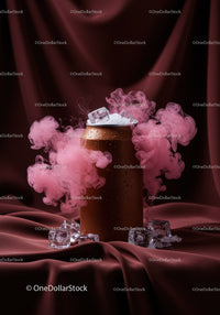 Cold Drink Can Surrounded by Pink Smoke and Ice Cubes