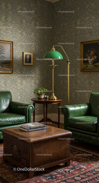 Cozy vintage living room with green leather armchairs