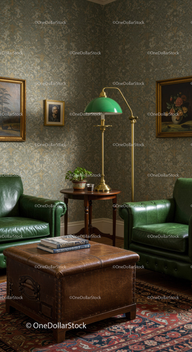 Przytulny salon w stylu vintage z zielonymi skórzanymi fotelami