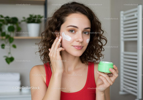 Young Woman Applying Face Cream with Natural Glow in Home Bathroom