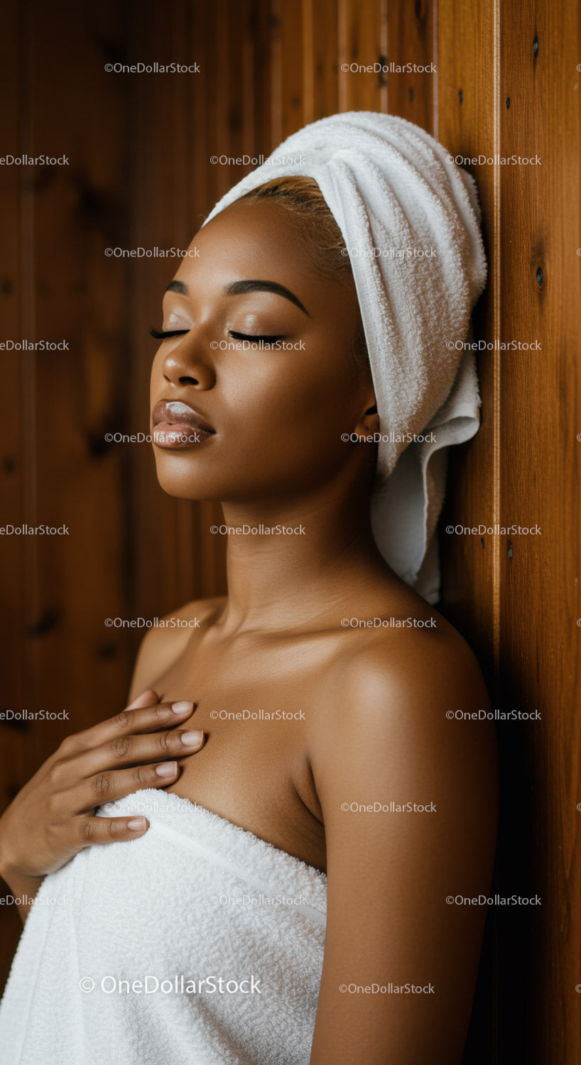 Spokojna kobieta o afro fryzurze relaksująca się z ręcznikiem na głowie w ciepłym otoczeniu spa