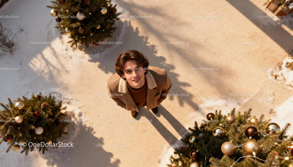 Young man enjoying winter holiday surrounded by decorated trees