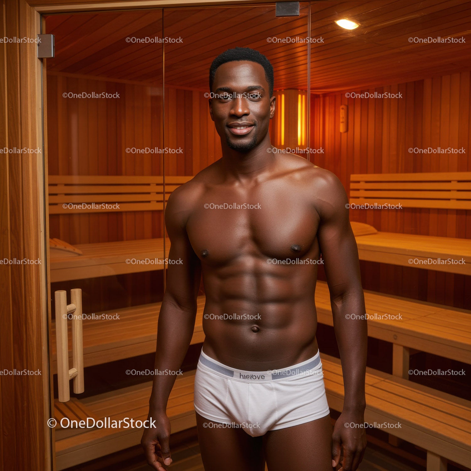 Confident Young Man in Sauna with Wooden Interior and Relaxed Expression