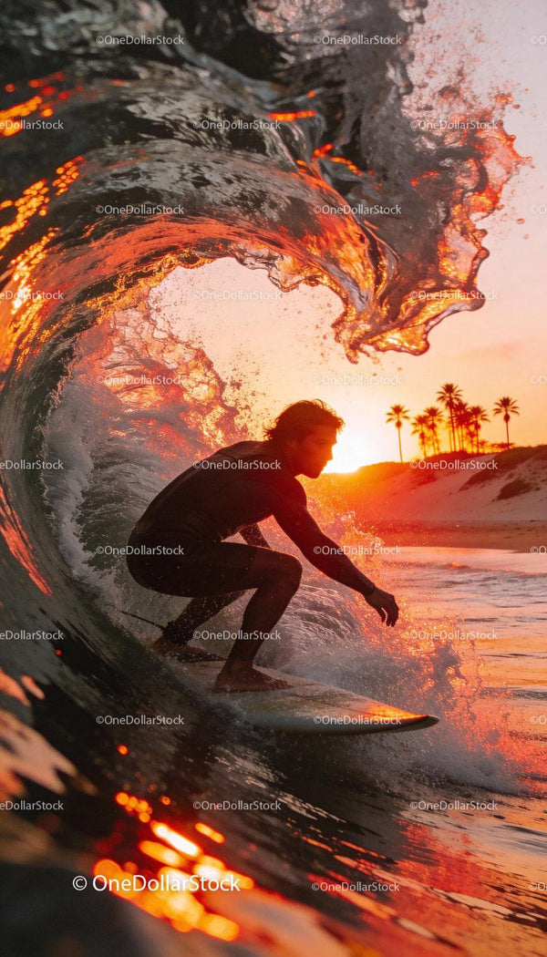 Surfer Riding a Glowing Sunset Wave Near Palm Trees