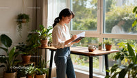 Young woman writing notes by bright window with plants