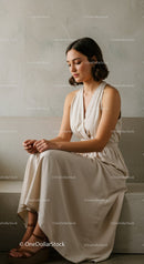 Elegant Woman in Cream Dress Sitting Indoors Relaxed Mood