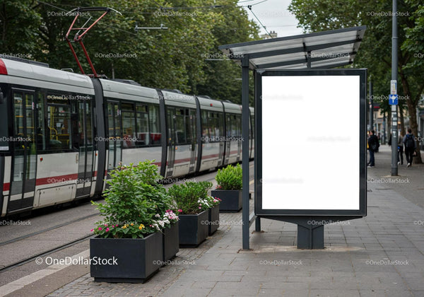 Urban tram stop with blank advertising billboard outdoors JPG Mockup Image