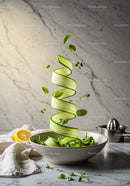 Fresh cucumber ribbon and herbs floating over bowl