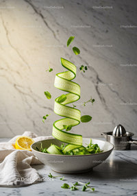 Fresh cucumber ribbon and herbs floating over bowl