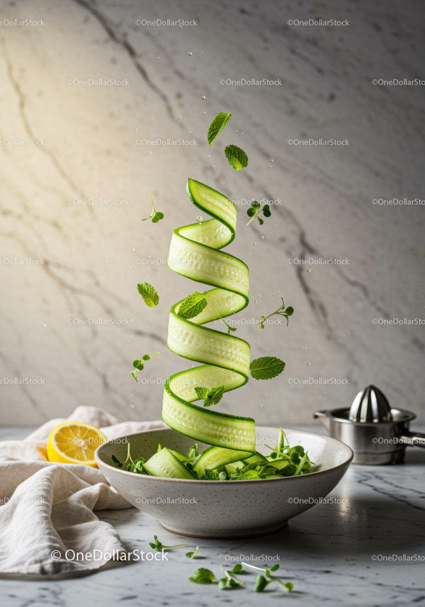 Fresh cucumber ribbon and herbs floating over bowl