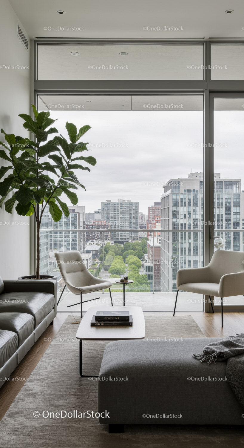 Modern living room with city skyline view and minimalist decor