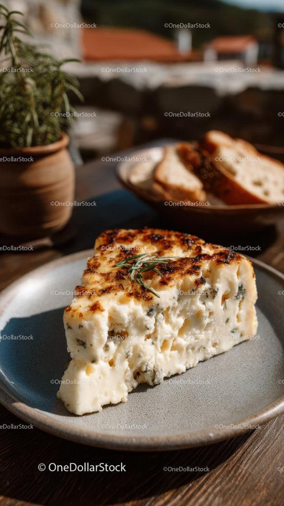 Close-up of Blue Cheese on a Plate with Bread and Fresh Herbs in Outdoors