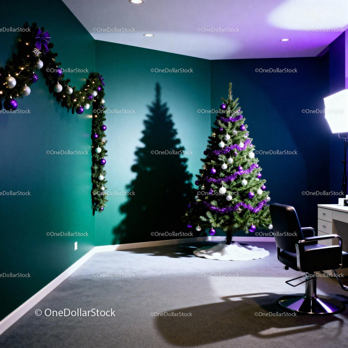 Modern Office Corner with Decorated Christmas Tree