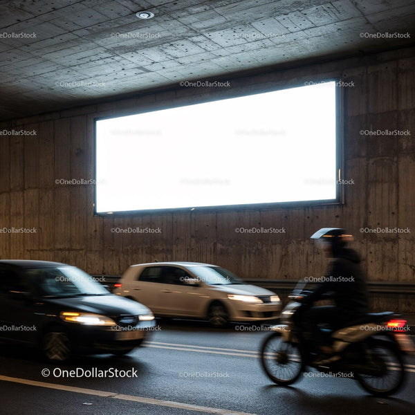 City Traffic Moving Past Illuminated Urban Billboard JPG Mockup Image