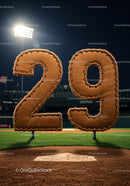Leather stitched number 29 on baseball field at night
