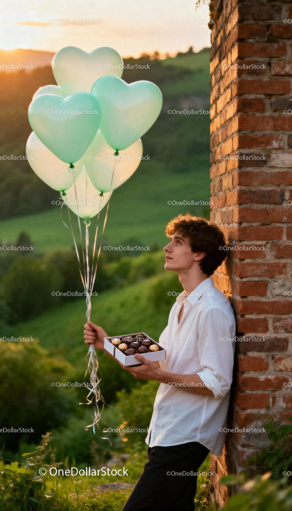 Young man holding heart balloons and chocolates at sunset