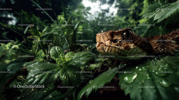 Close-up of a Green Snake Surrounded by Dense Jungle Foliage