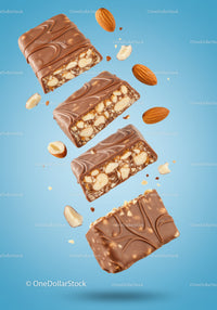Chocolate Nut Bars with Almonds on Blue Background