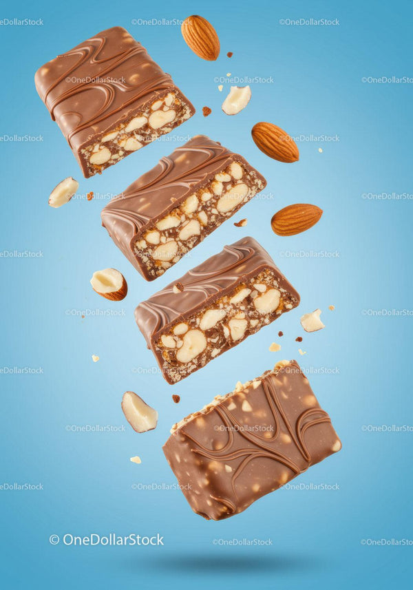 Chocolate Nut Bars with Almonds on Blue Background