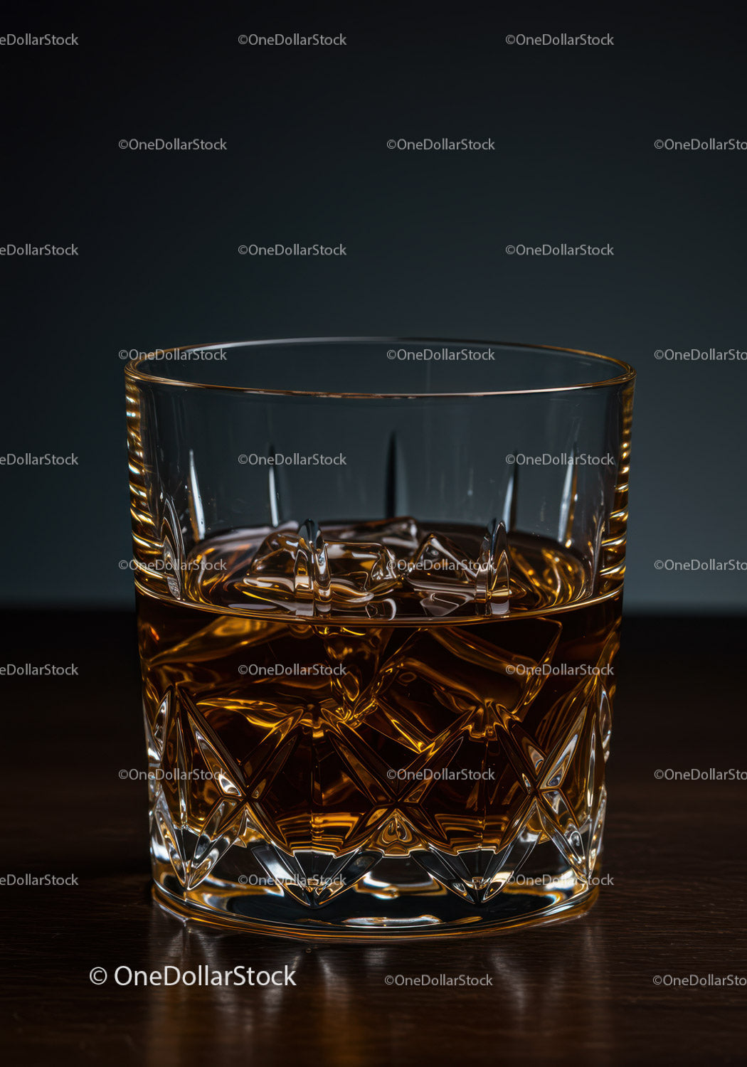 Amber whiskey in crystal glass with ice cubes on dark background