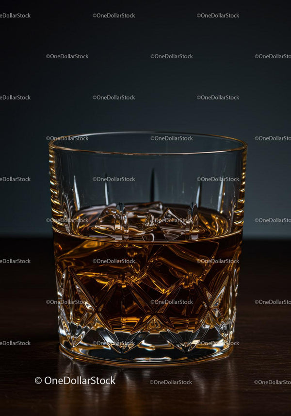Amber whiskey in crystal glass with ice cubes on dark background