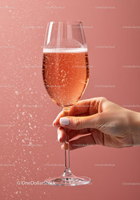 Hand Holding Sparkling Rosé Wine Glass on Pink Background