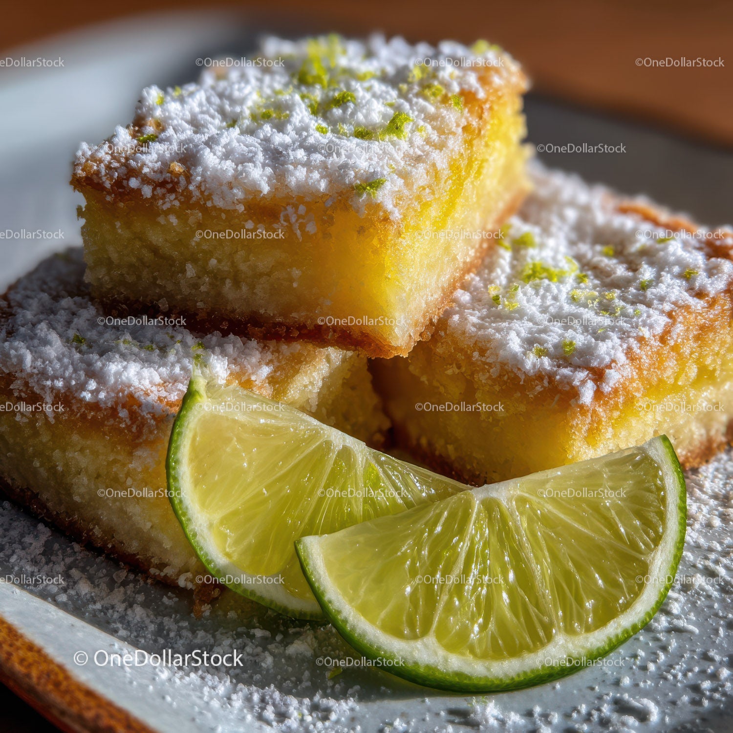 Lemon Squares with Powdered Sugar and Fresh Lime Wedges
