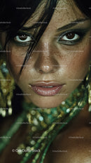 Glamorous Woman with Glitter Makeup and Green Beads in Close-Up