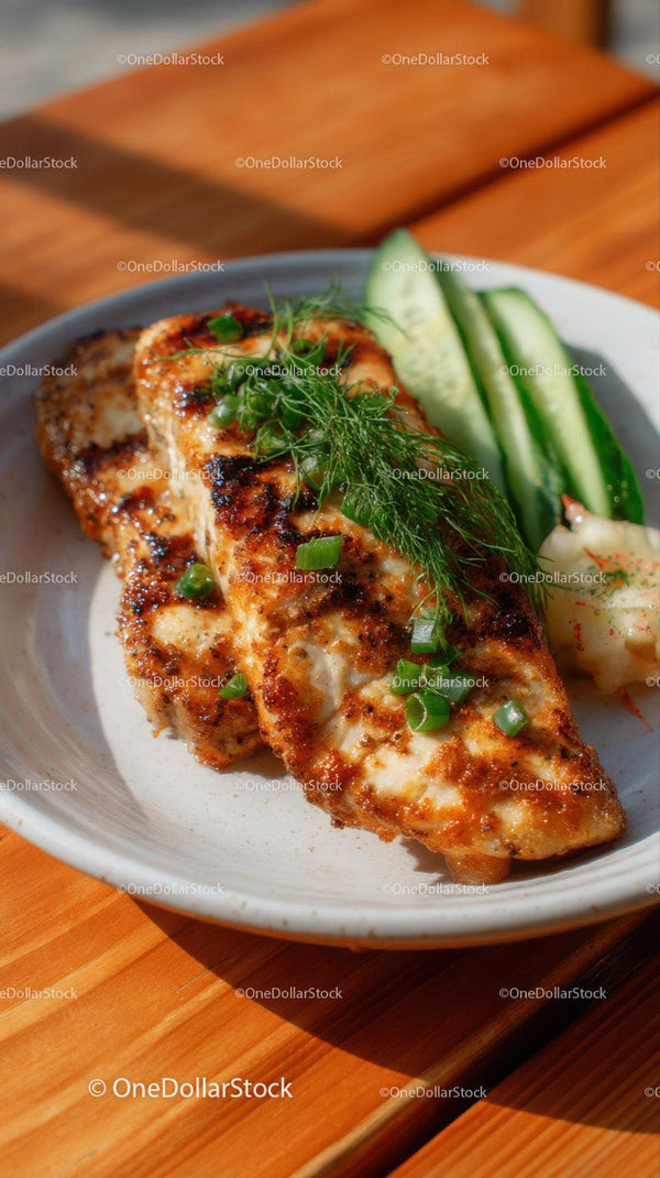Grilled Fish Fillet with Cucumber and Herb Garnish on Wooden Table