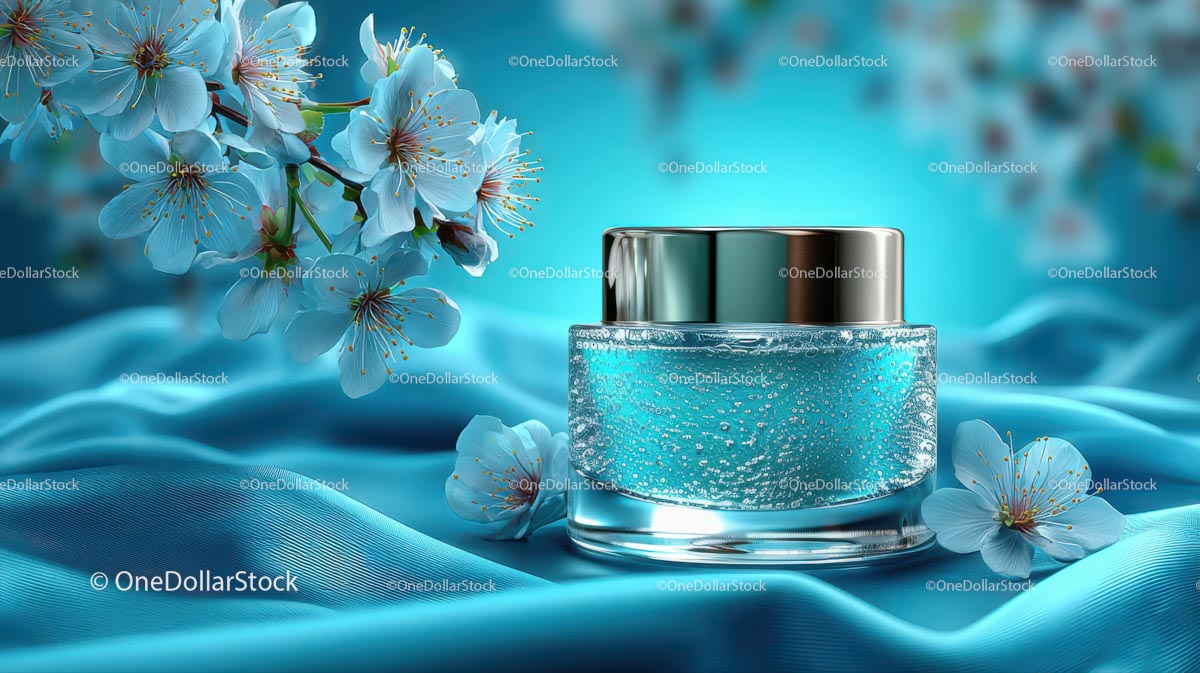 Refreshing Cosmetic Jar with Cherry Blossoms on Blue Silk