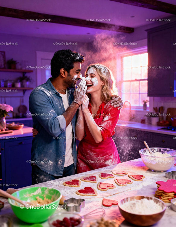 Couple Playfully Baking Heart Cookies Together