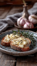 Garlic Bread with Cheese and Fresh Herbs on Rustic Plate
