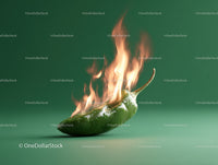 Burning Green Chili Pepper with Flames for Heat and Spice