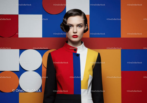 Model in Colorblock Dress Against Modern Art Background
