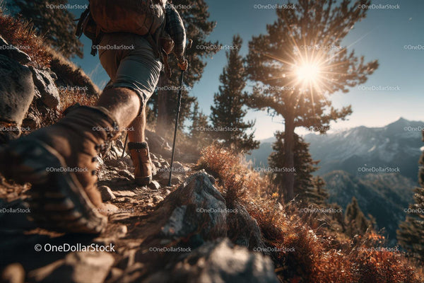 Active Mountain Hiker Trekking Through Rugged Trail in Scenic Wilderness