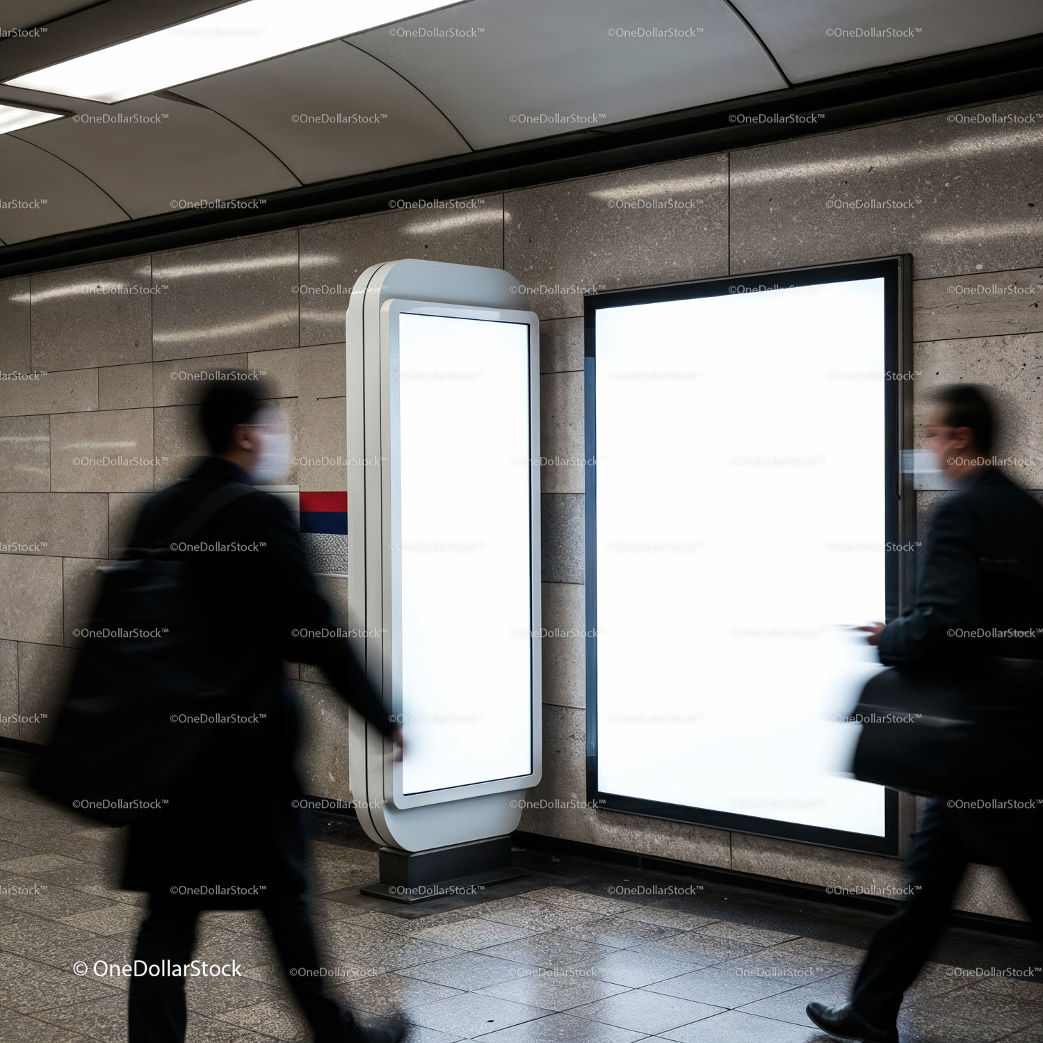 Blurred commuters passing bright empty billboards