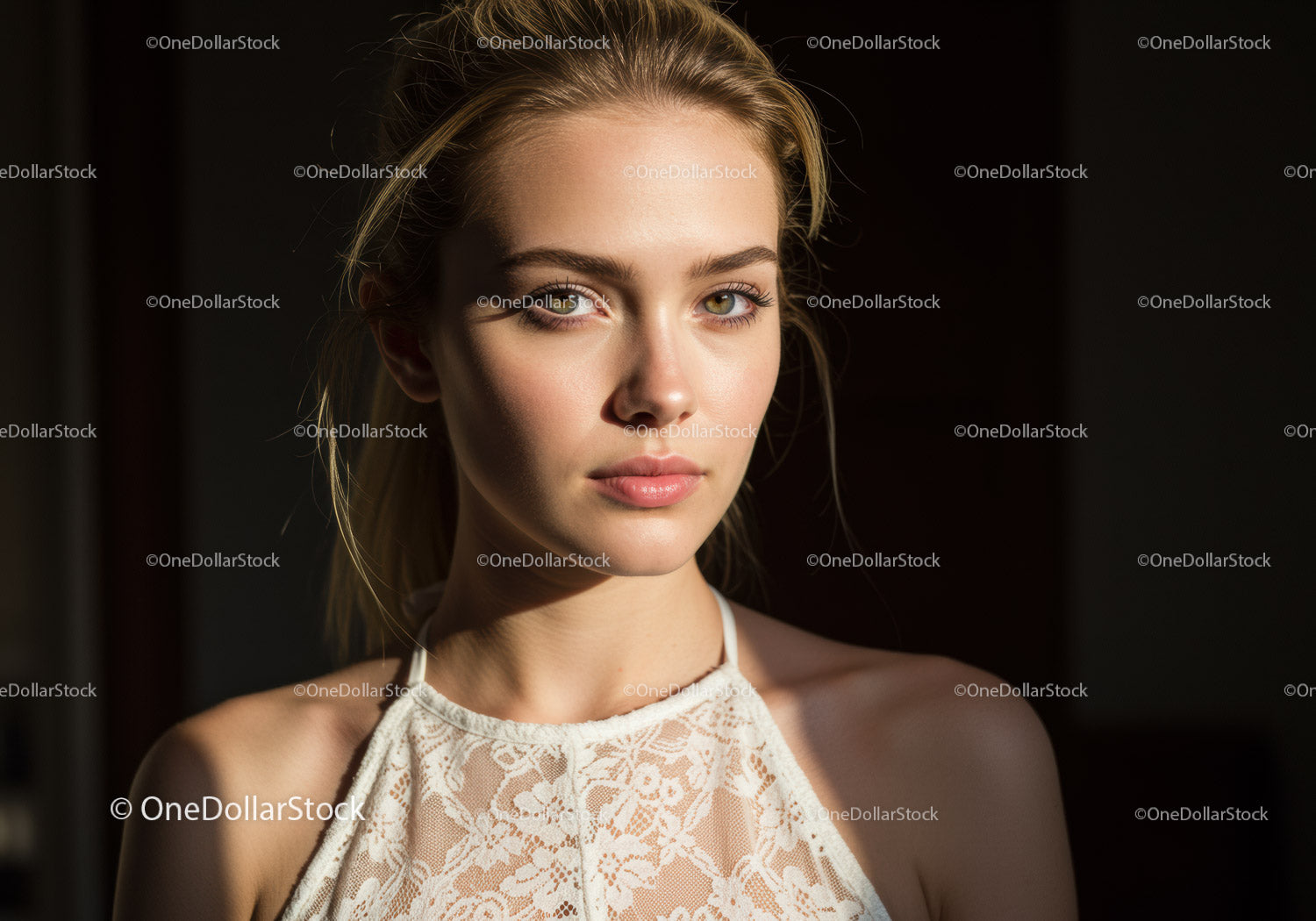 Elegant Young Woman Portrait with Green Eyes and Lace Dress