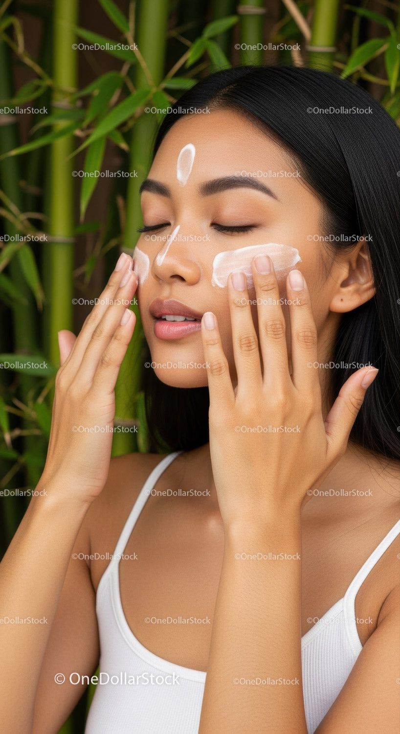 Young Woman Applying Facial Moisturizer in Nature